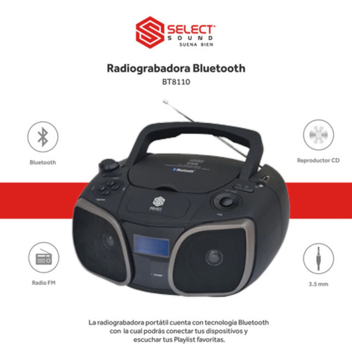 Radiograbadora Bluetooth Select Sound, Radio Fm, Entrada Usb negro