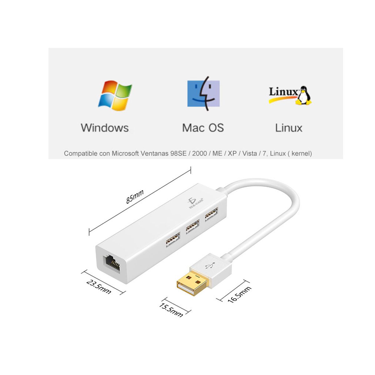Hub USB 3 Puertos Mas 1 Puerto Ethernet Compatible PC Mac Blanco.