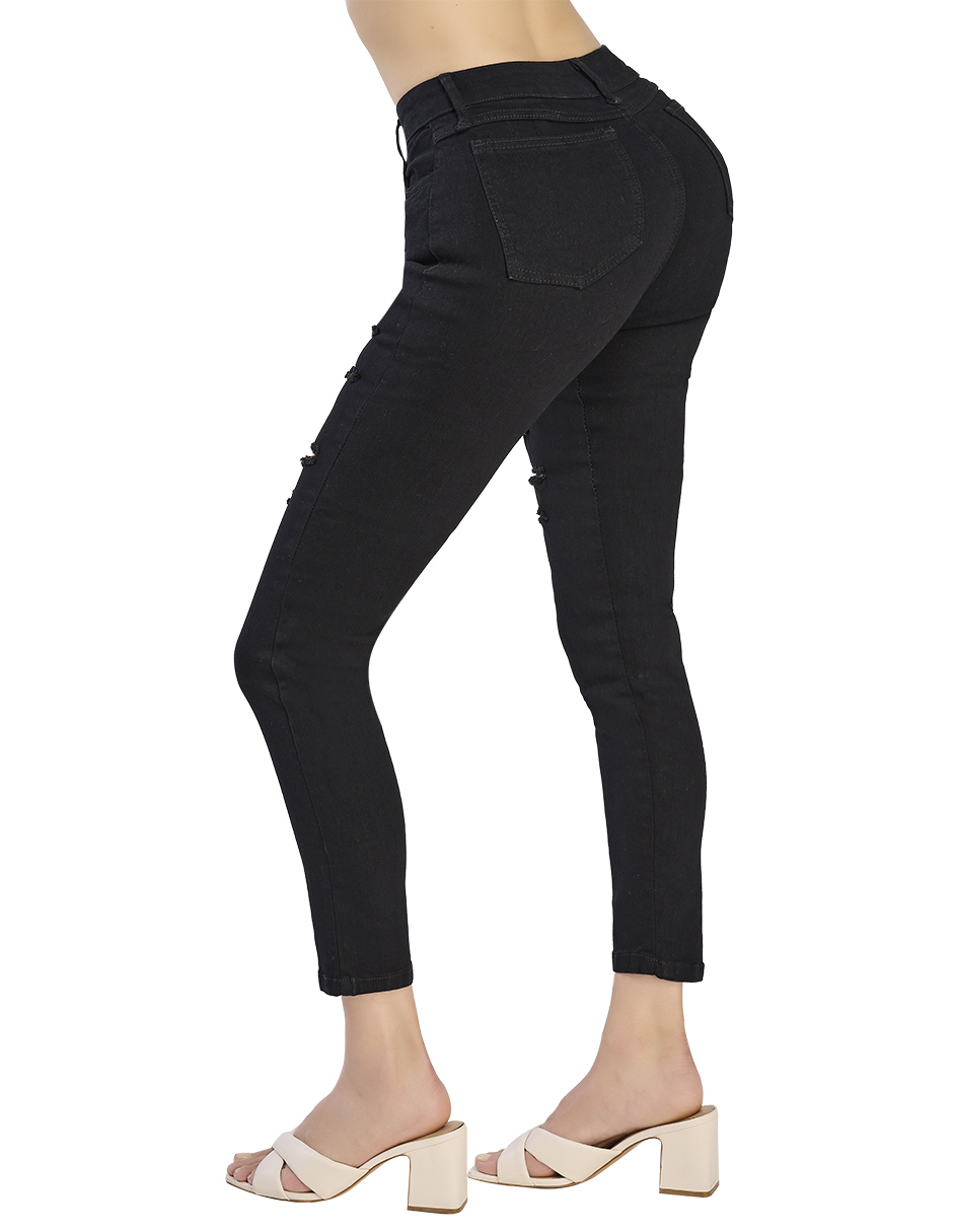 Jeans Tiro Alto Super Stretch: Corte Vaquero, Negro, Mezclilla Premium, 4 Bolsas con Desgaste en Piernas, Resistente a lavados. Estilo duradero para destacar en tendencia.