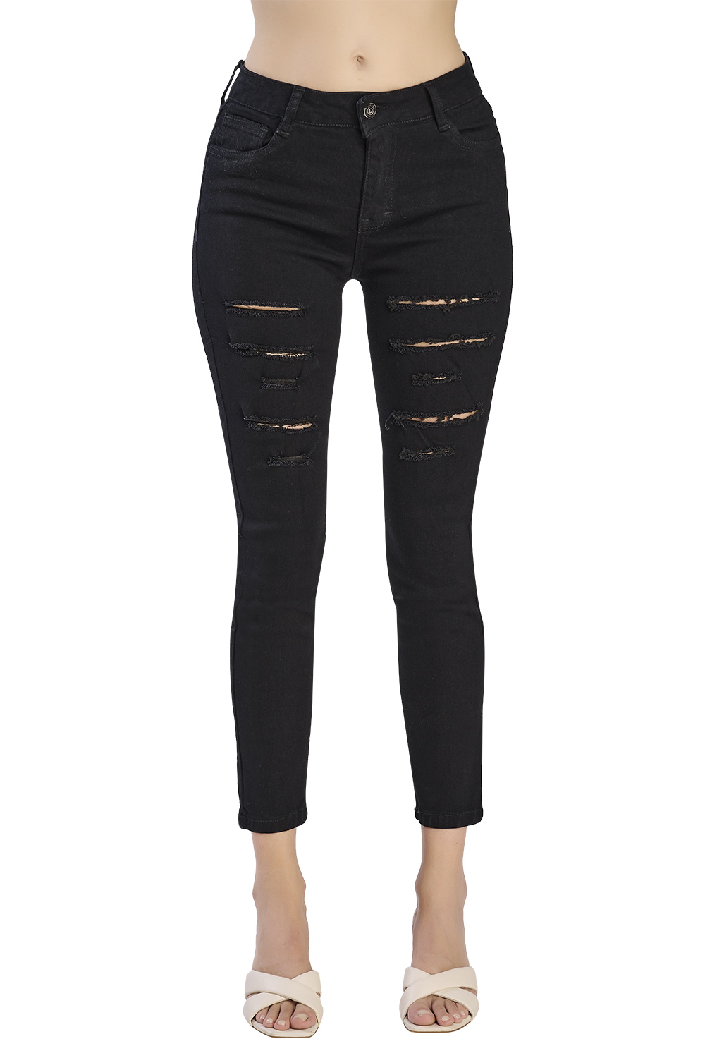 Jeans Tiro Alto Super Stretch: Corte Vaquero, Negro, Mezclilla Premium, 4 Bolsas con Desgaste en Piernas, Resistente a lavados. Estilo duradero para destacar en tendencia.