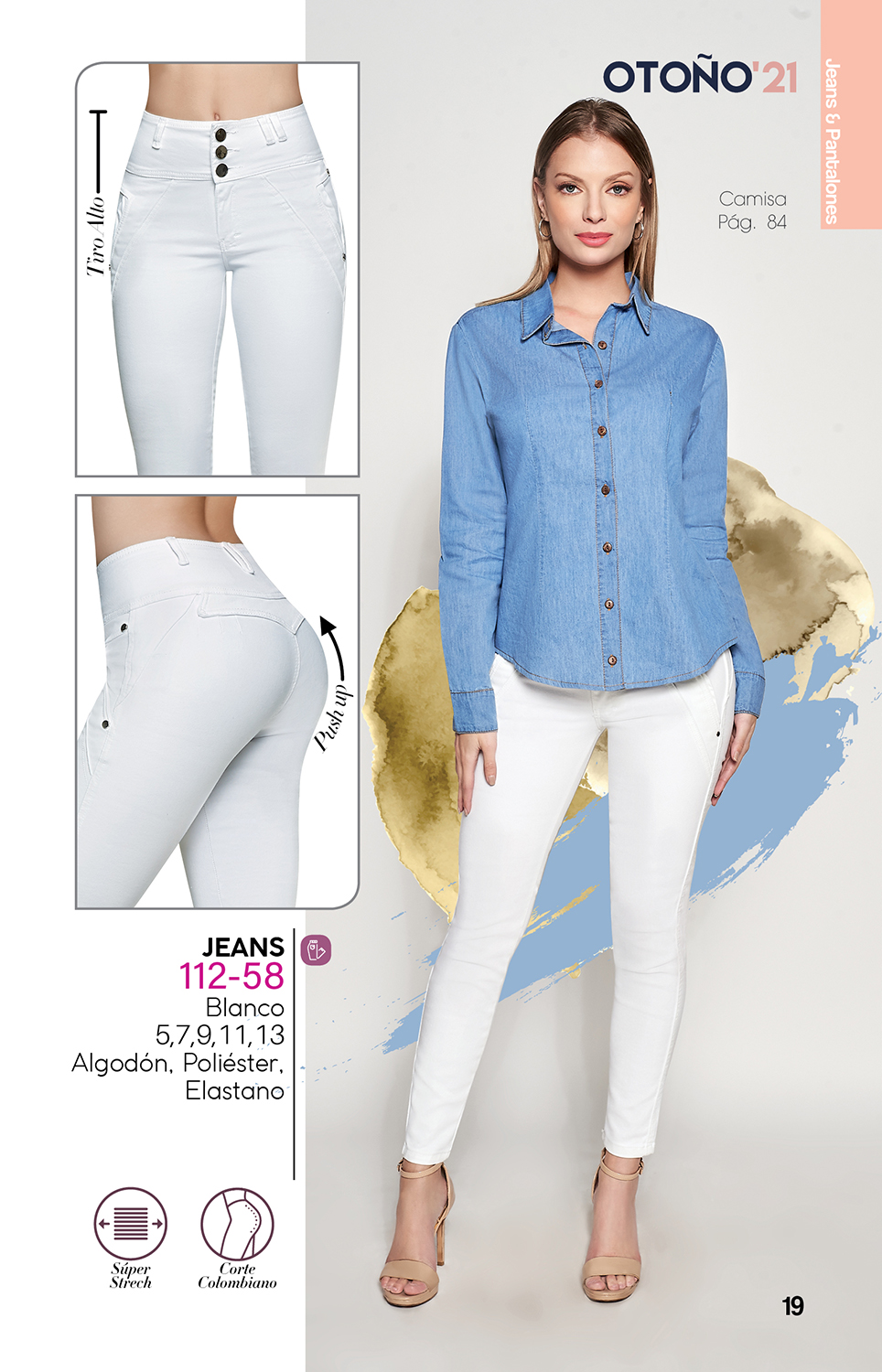 Jeans Tiro Alto Super Stretch: Corte Colombiano, Push Up, Color Blanco, Mezclilla Premium, Pretina Ancha, Resistente a lavados. Estilo duradero para destacar en tendencia.