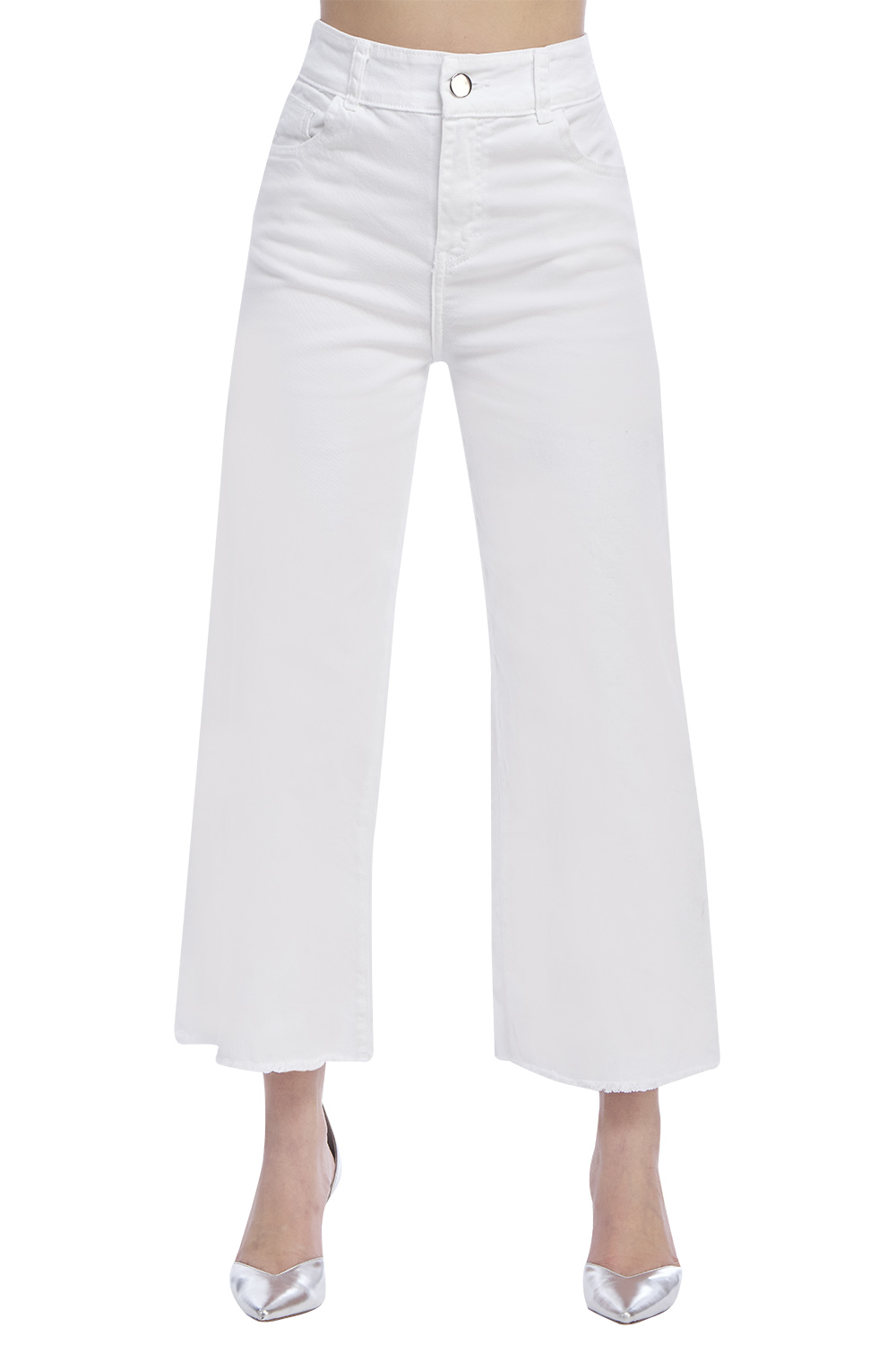 Jeans Tiro Alto, Mezclilla Super Stretch, Color Blanco, Corte Wide Leg, Largo al Tobillo, Bolsas, Cierres y Botones Habilitados, Push Up, Pinzas Costura en Parte Trasera