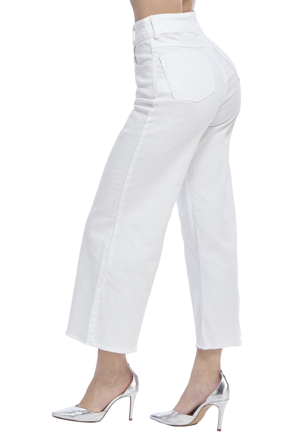 Jeans Tiro Alto, Mezclilla Super Stretch, Color Blanco, Corte Wide Leg, Largo al Tobillo, Bolsas, Cierres y Botones Habilitados, Push Up, Pinzas Costura en Parte Trasera