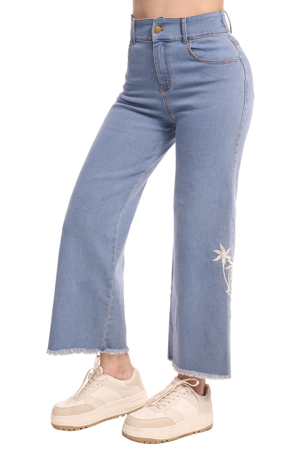 Jeans Tiro Alto, Mezclilla Super Stretch, Corte Wide Leg, Bordado Decorativo en Pierna, Bolsas Habilitadas, Bastilla con Desgaste, Costura Contrastante, Colo Azul Claro