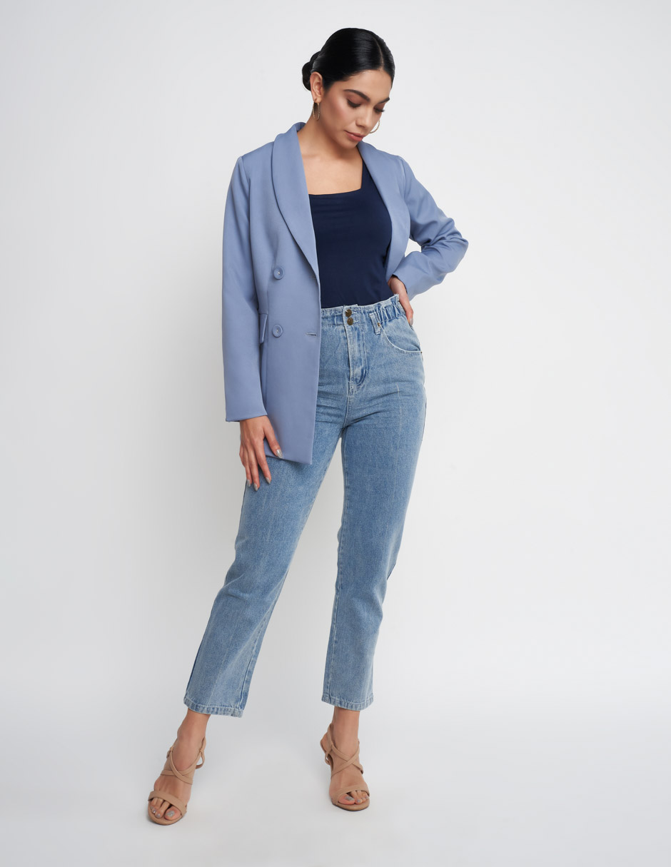 Saco Devendi para mujer de tela barbie twill en color azul cielo con forro satinado