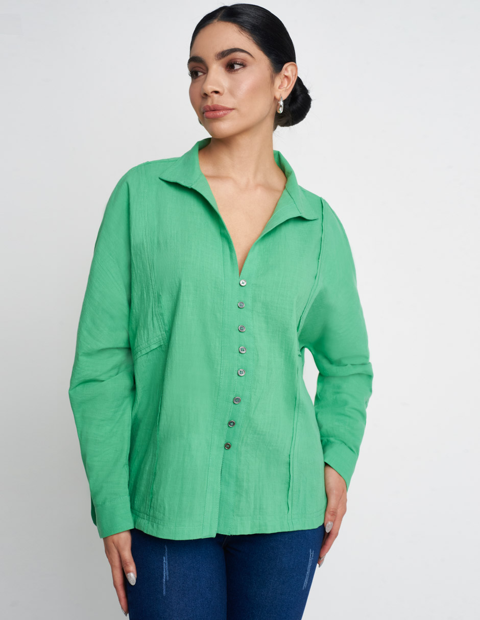 Camisa Oversize Devendi para mujer tela de algodón ligera en color verde largo por debajo de la cadera
