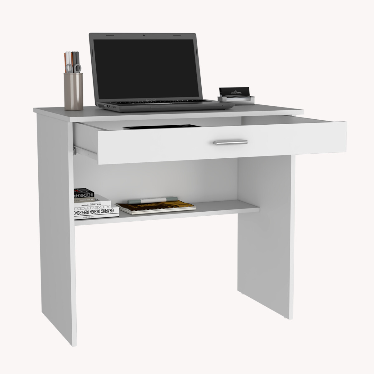 ESCRITORIO ARMABLE COLOR BLANCO IDEAL PARA EL HOME OFFICE CON UN CAJON INTEGRADO.