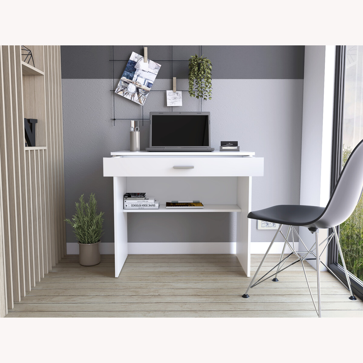 ESCRITORIO ARMABLE COLOR BLANCO IDEAL PARA EL HOME OFFICE CON UN CAJON INTEGRADO.
