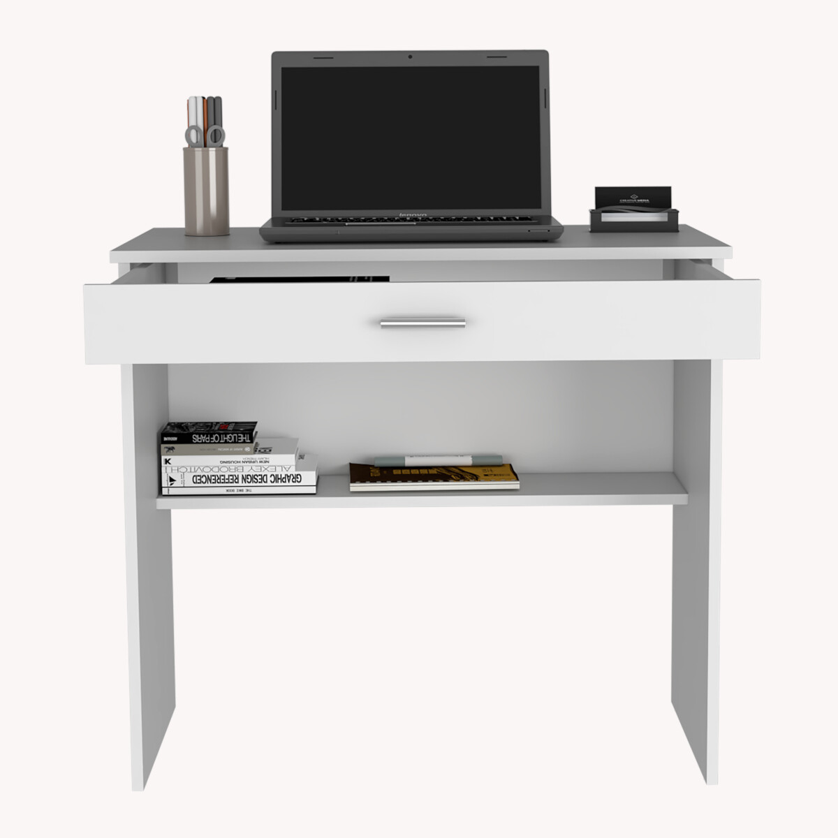 ESCRITORIO ARMABLE COLOR BLANCO IDEAL PARA EL HOME OFFICE CON UN CAJON INTEGRADO.