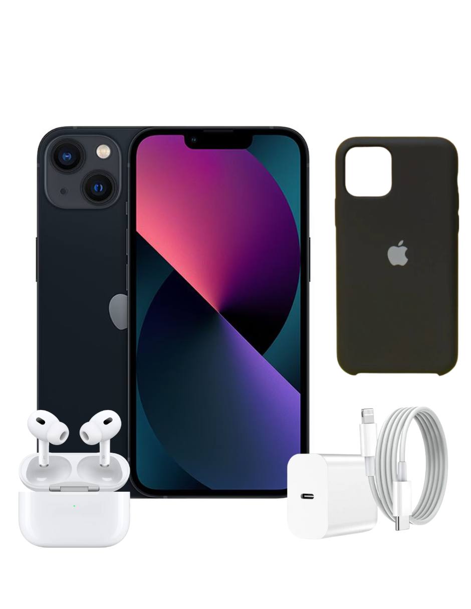 Combo iPhone 13 128GB Negro + Audifonos para iPhone + Turbocargador + Funda protectora Reacondicionado Grado A.