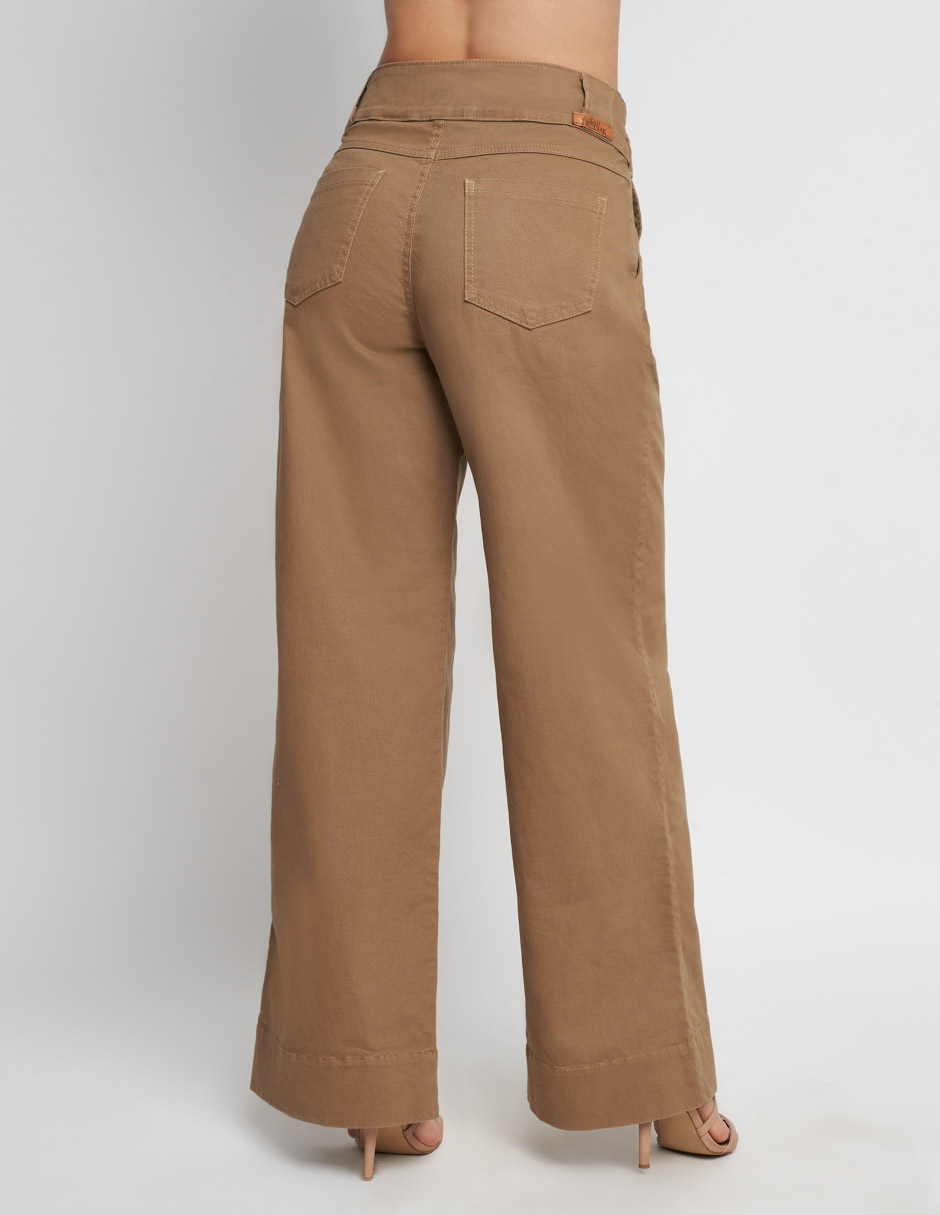 Pantalón Devendi para mujer en color cameltiro alto a la cinturawide leg Tela stretch