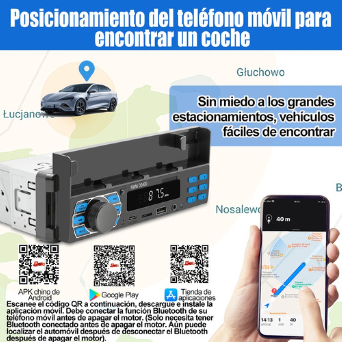 Autoestéreo 1 Din Bluetooth Mp3 Con Usb Fm Y Soporte Móvil