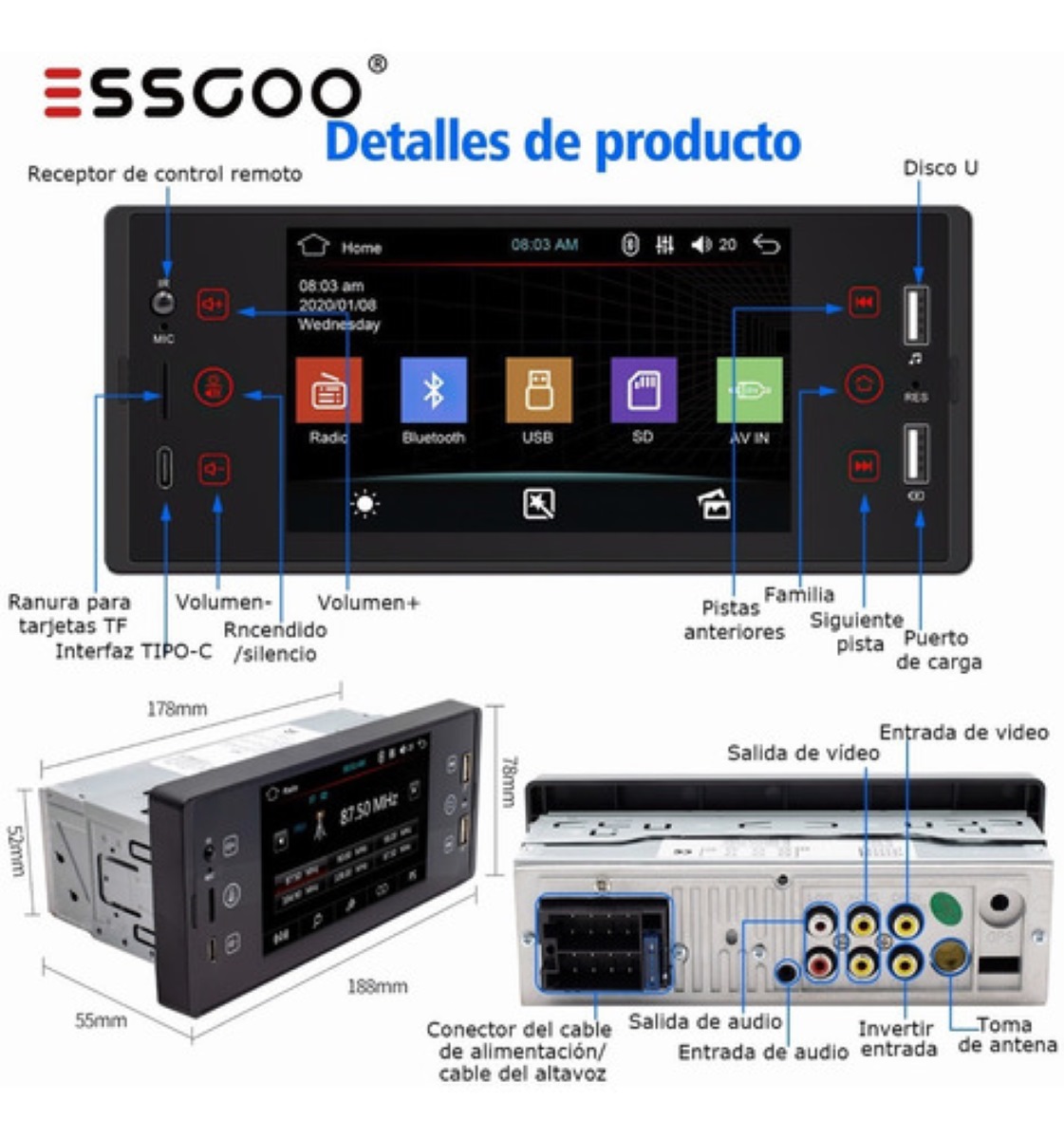 Reproductor Mp5 Para Auto 5in Ips Pantalla Táctil Mirrorlink