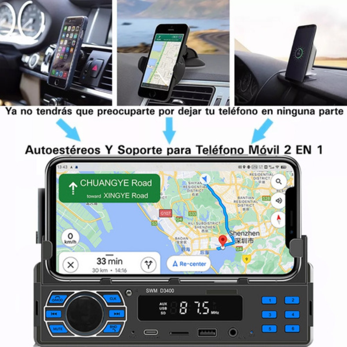 Autoestéreo 1 Din Bluetooth Mp3 Con Usb Fm Y Soporte Móvil