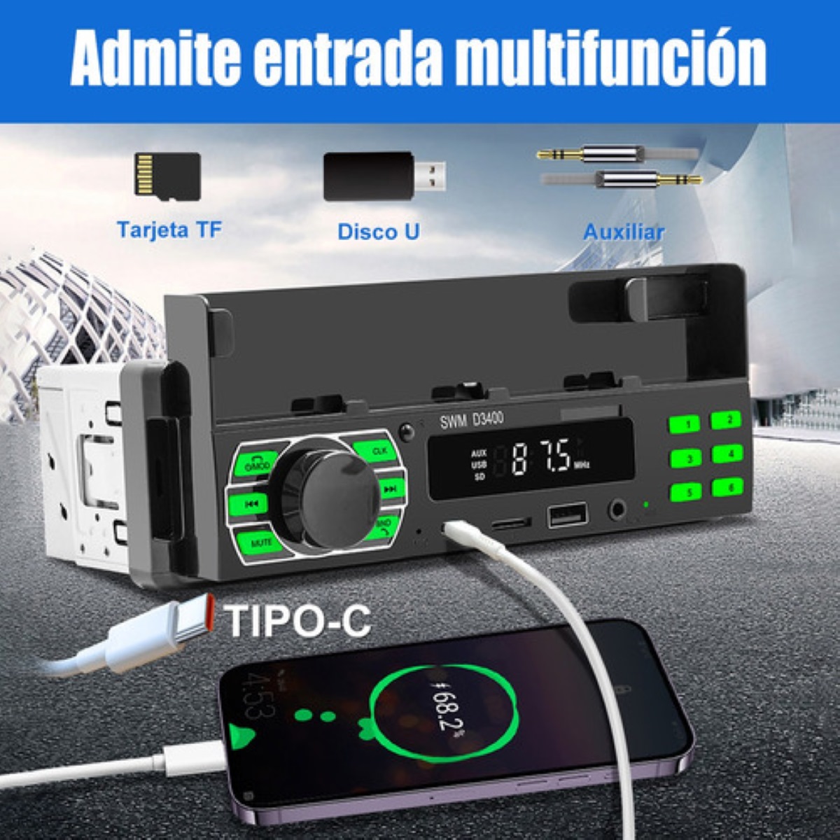 Autoestéreo 1 Din Bluetooth Mp3 Con Usb Fm Y Soporte Móvil