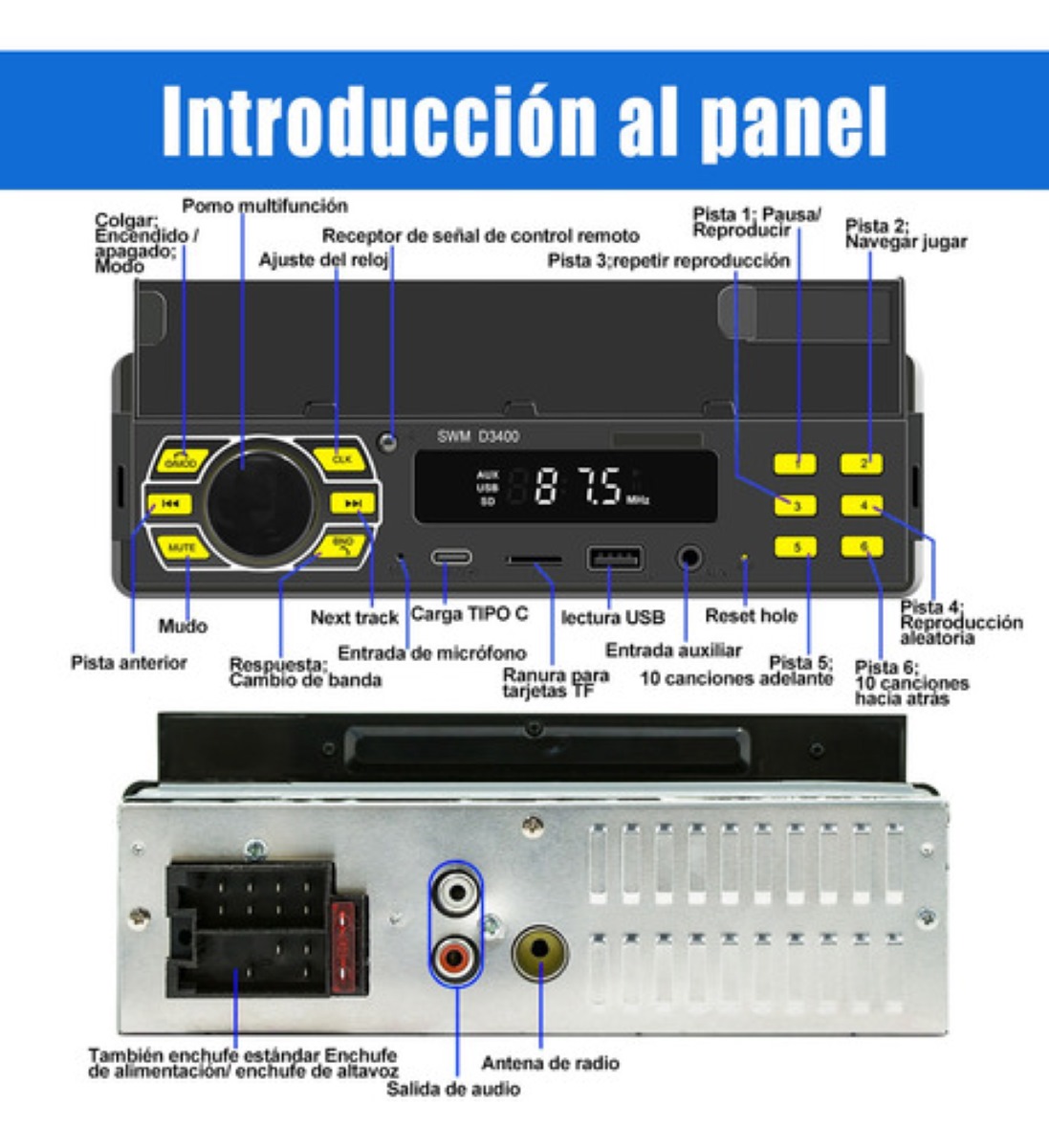 Autoestéreo 1 Din Bluetooth Mp3 Con Usb Fm Y Soporte Móvil
