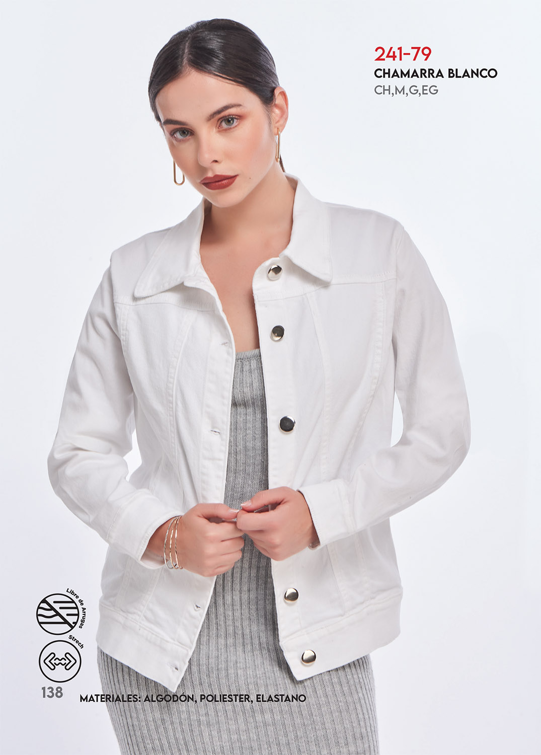 Chamarra color Blanco, Corte Recto, Tela Mezclilla Stretch, Botones Habilitados en Talle y Puños, Botones Plateados, Pretina, Para Frío Ligero, Casual