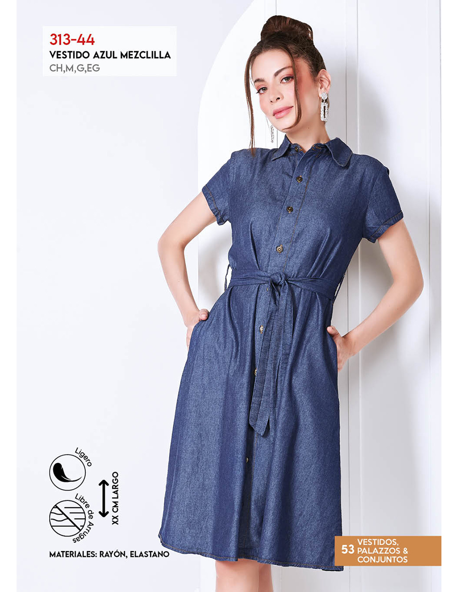 Vestido Color Azul Oscuro, Tela Mezclilla Ligera, Algodón, Cuello Camisero, Botones Ocultos Habilitados, Manga Corta, Falda Circular, Cinturón de la misma Tela, Largo Midi
