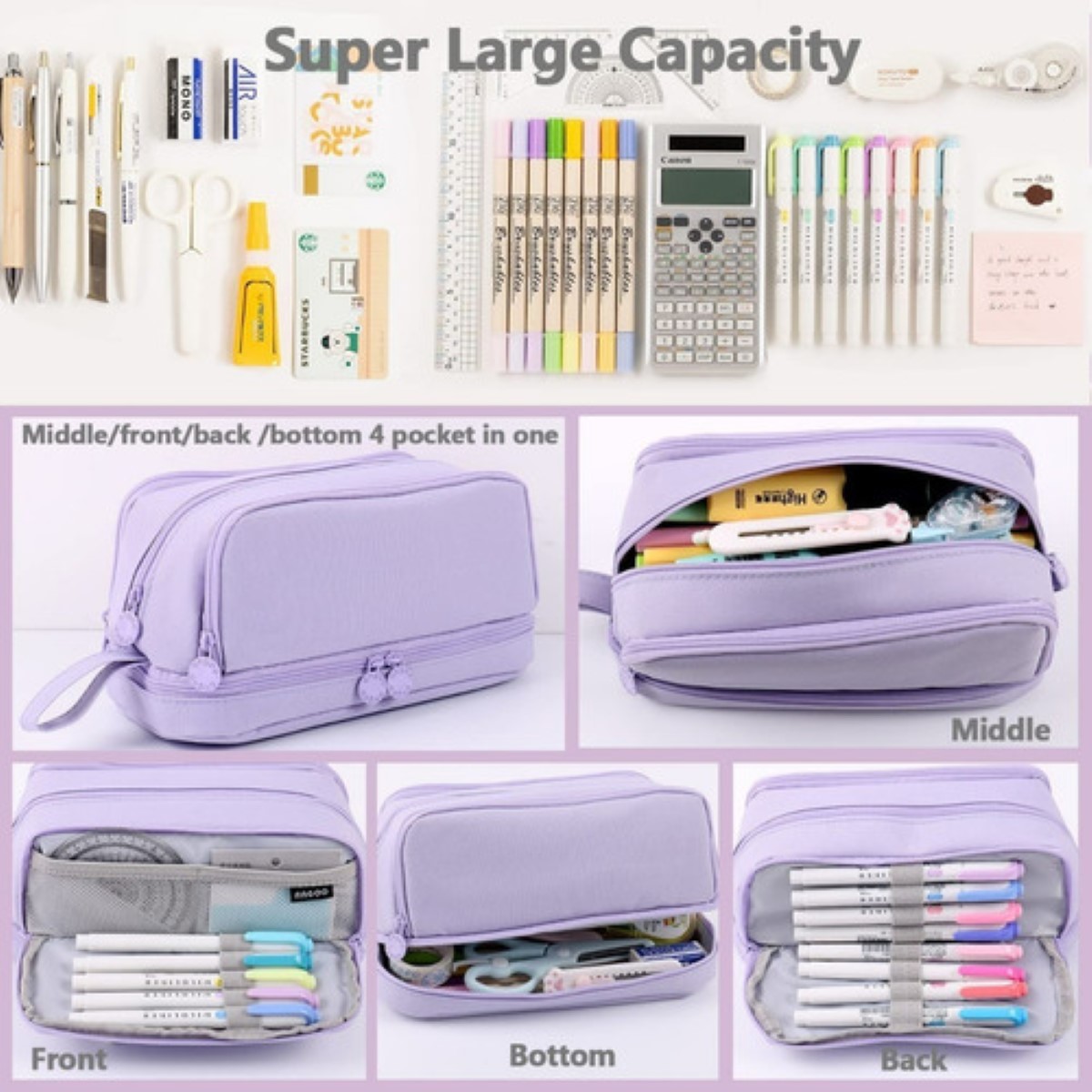 "Lapicera 4 Capas De Gran Capacidad Estuche Organizador Violeta "