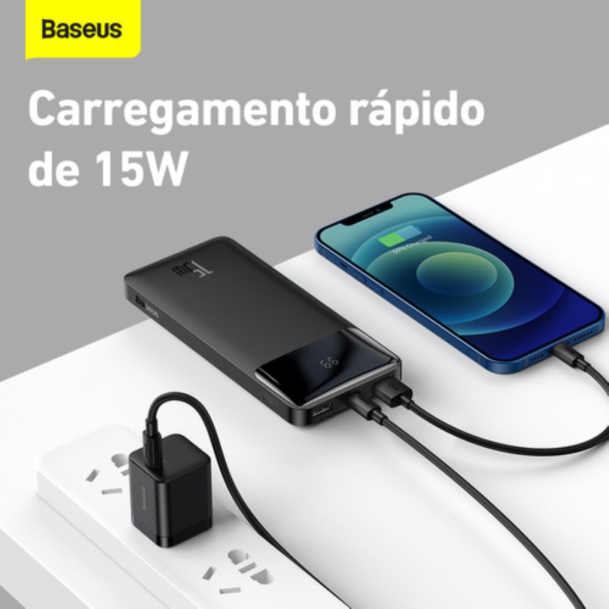 Powerbank, 10000 mAh, 15 W, pantalla digital de carga rápida, color negro