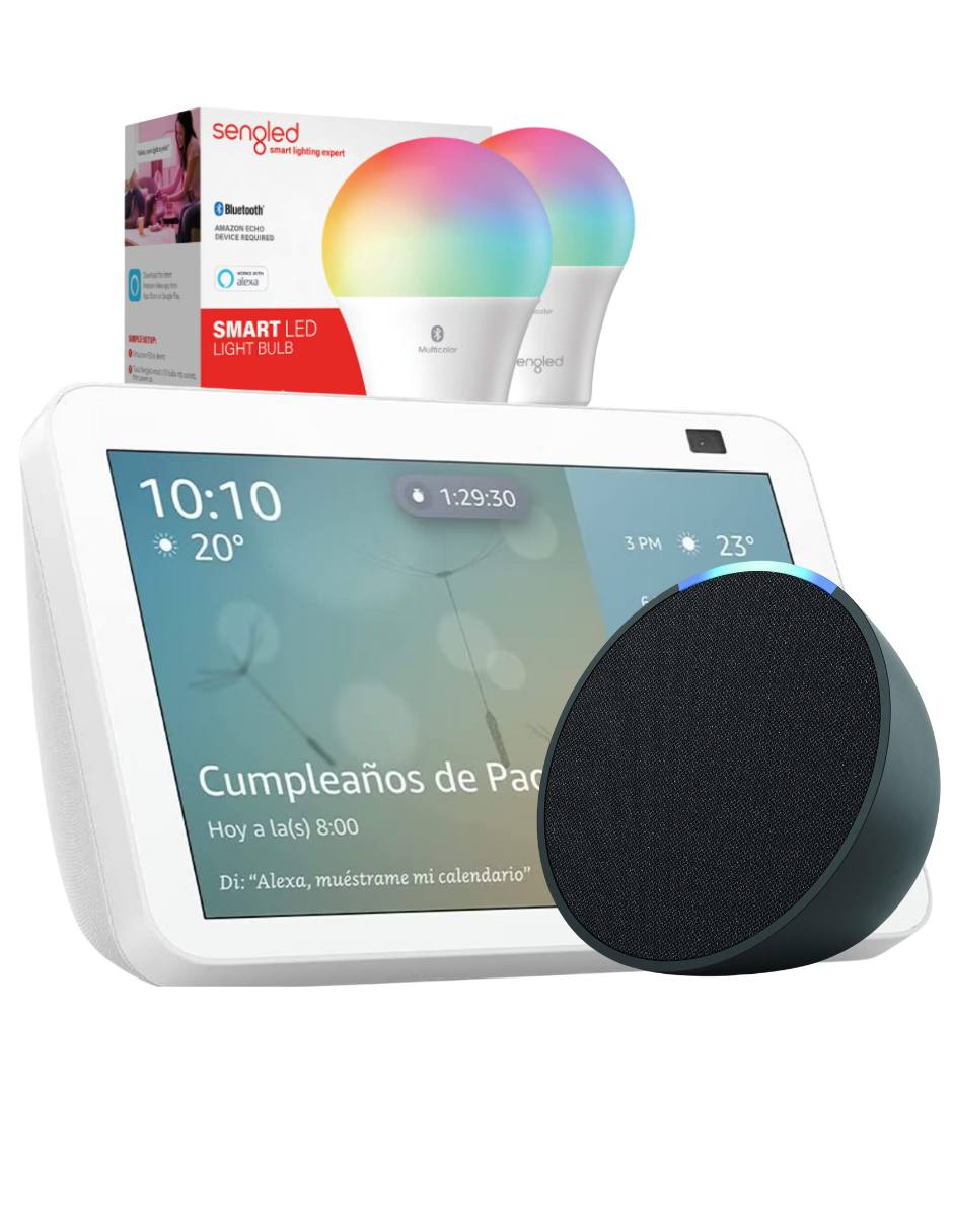 Combo Alexas Echo Pop  (Negro) y Echo Show 8 Pulgadas (Blanco) Reacondicionado Grado A + 2 Focos inteligentes.