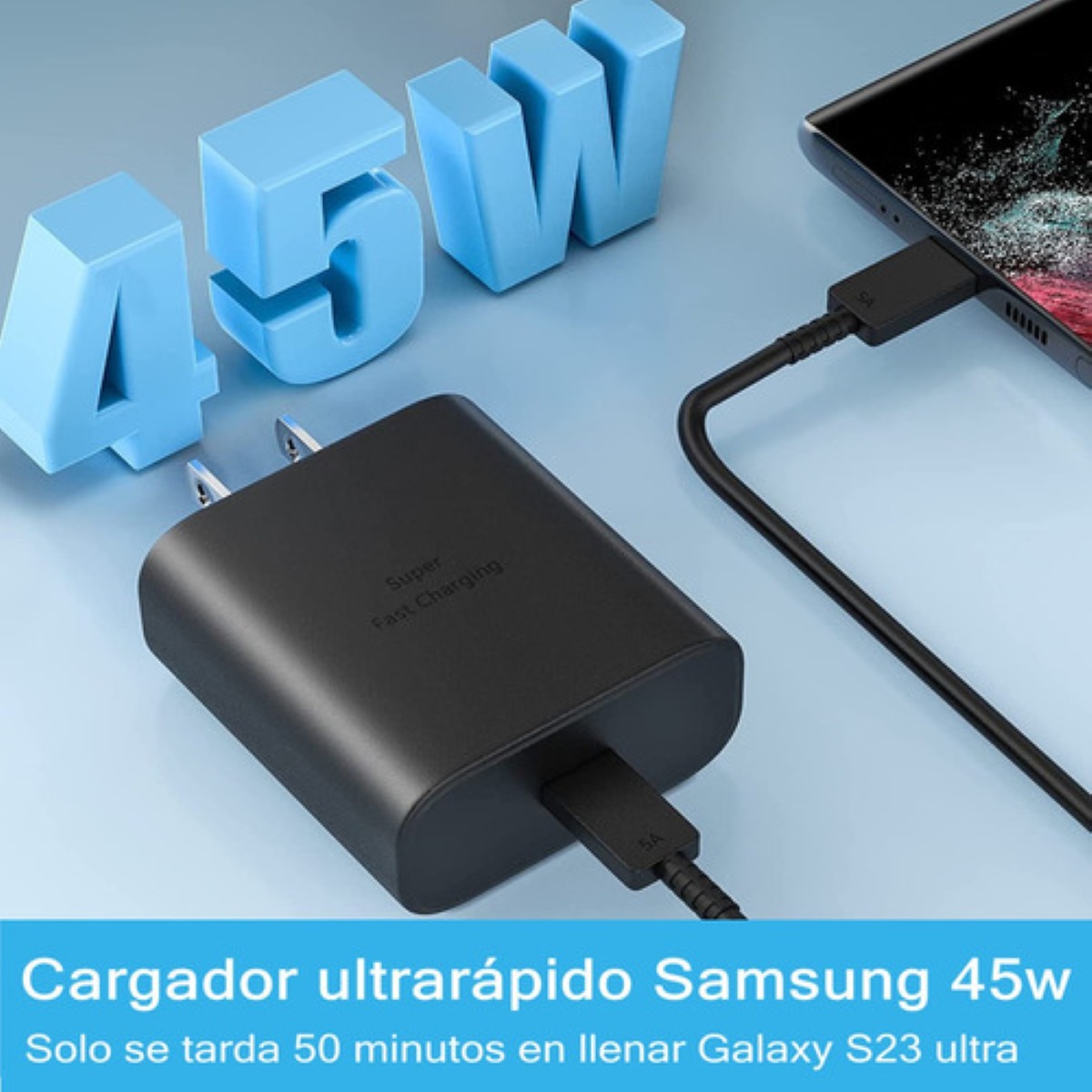 Cargador Carga Rápida Tipo C 45w Para Samsung S23 Ultra S23 Negro