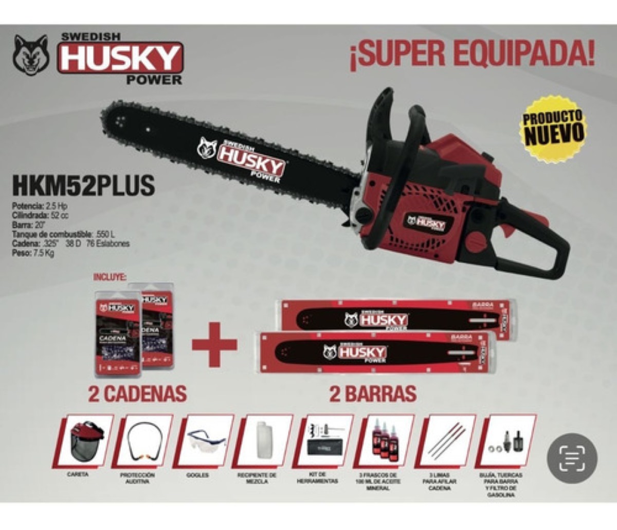 Motosierra Gasolina 20puLG 52cc 2.5hp + Accesorios Husky Color Rojo