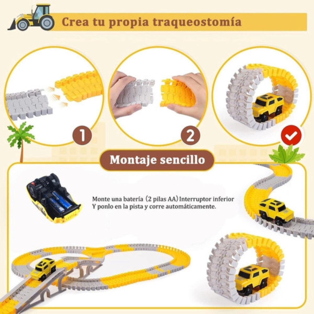 "Pista Magica Flexible Con Coche De Pila Juguete Para Niños Amarilla con Blanco  ".