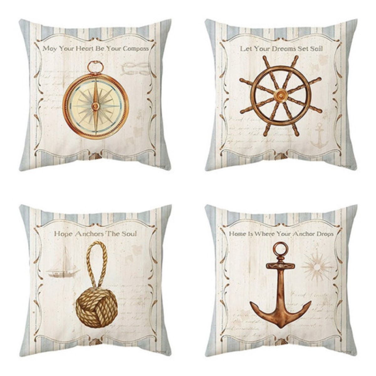 Fundas De Cojines De Algodón Y Lino Timón Ancla Doble Lado 4 Pz Diseño Barco.