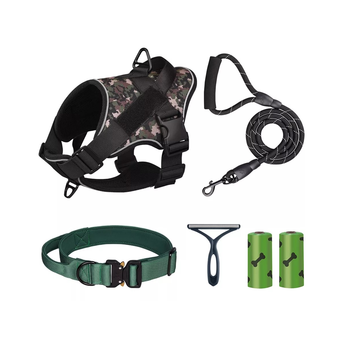 Pechera Táctica Arnés Perro Mediano Collar Correa Camuflaje Verde XL.