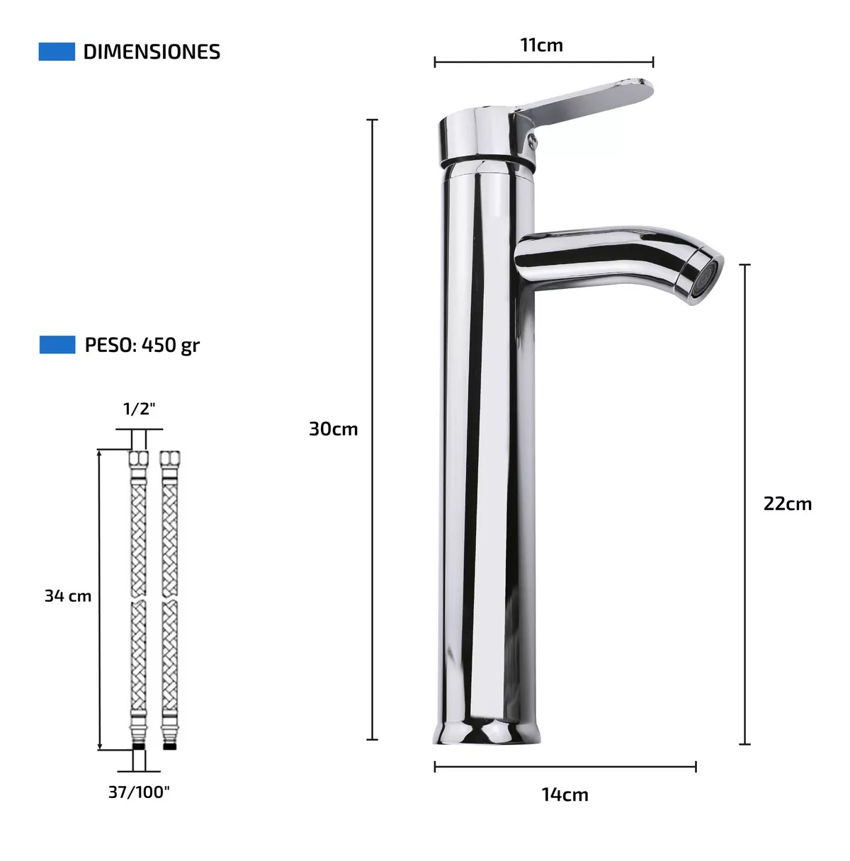 Llave Mezcladora Alta Monomando para Fregadero lavabo Baño Grifo lavamanos.