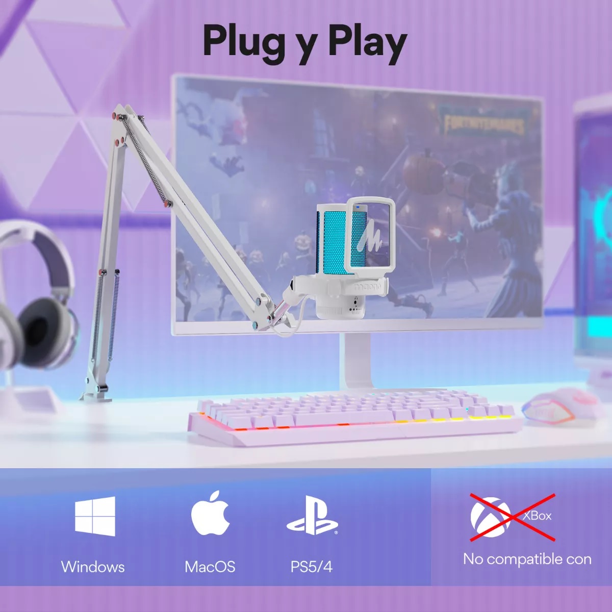 Micrófono Gamer Rgb Condensador Usb Para Pc,dgm20s Blanco.