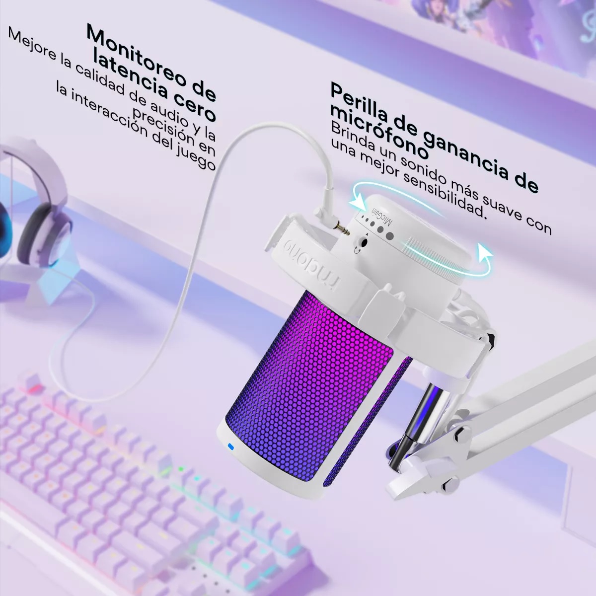 Micrófono Gamer Rgb Condensador Usb Para Pc,dgm20s Blanco.