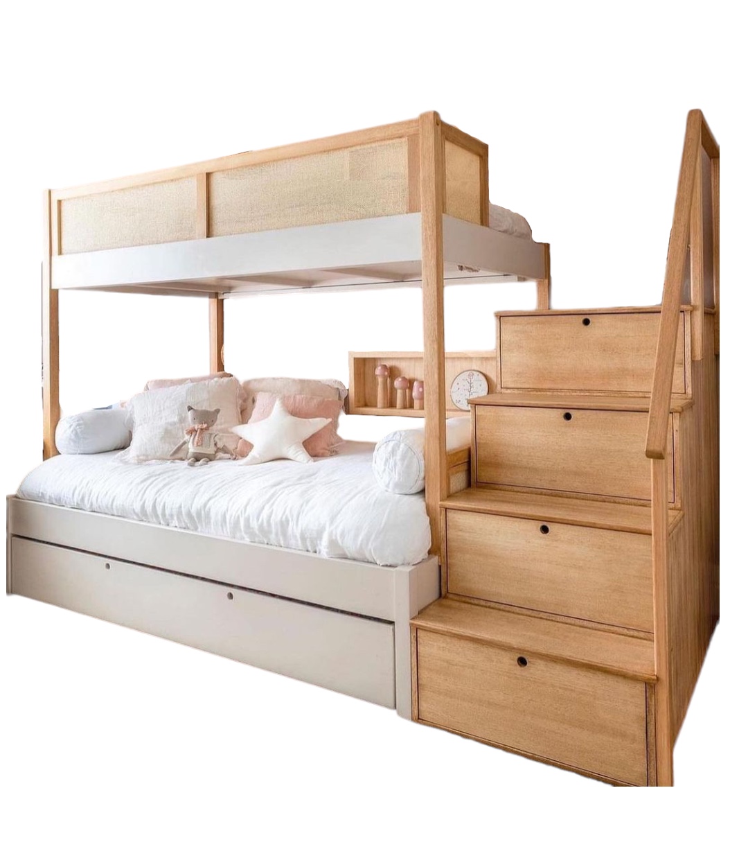 Litera Infantil Triple de Madera  Individual-Matrimonial con Escalera de Baúl Cotton