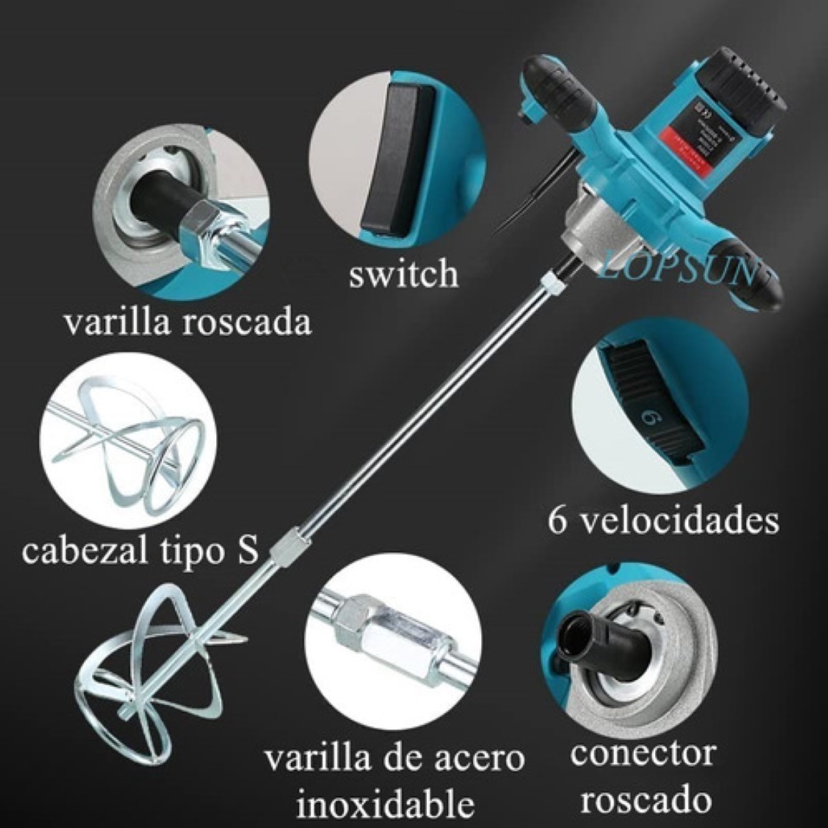 Mezcladora Eléctrica De Cemento Pintura 6 Velocidades 2100w azul