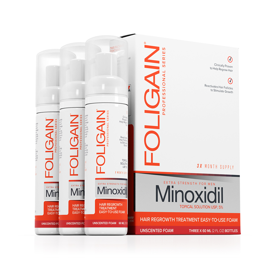 FOLIGAIN MINOXIDIL 5% ESPUMA PARA EL CRECIMIENTO DEL CABELLO Para Hombres 3 frascos para 3 meses.