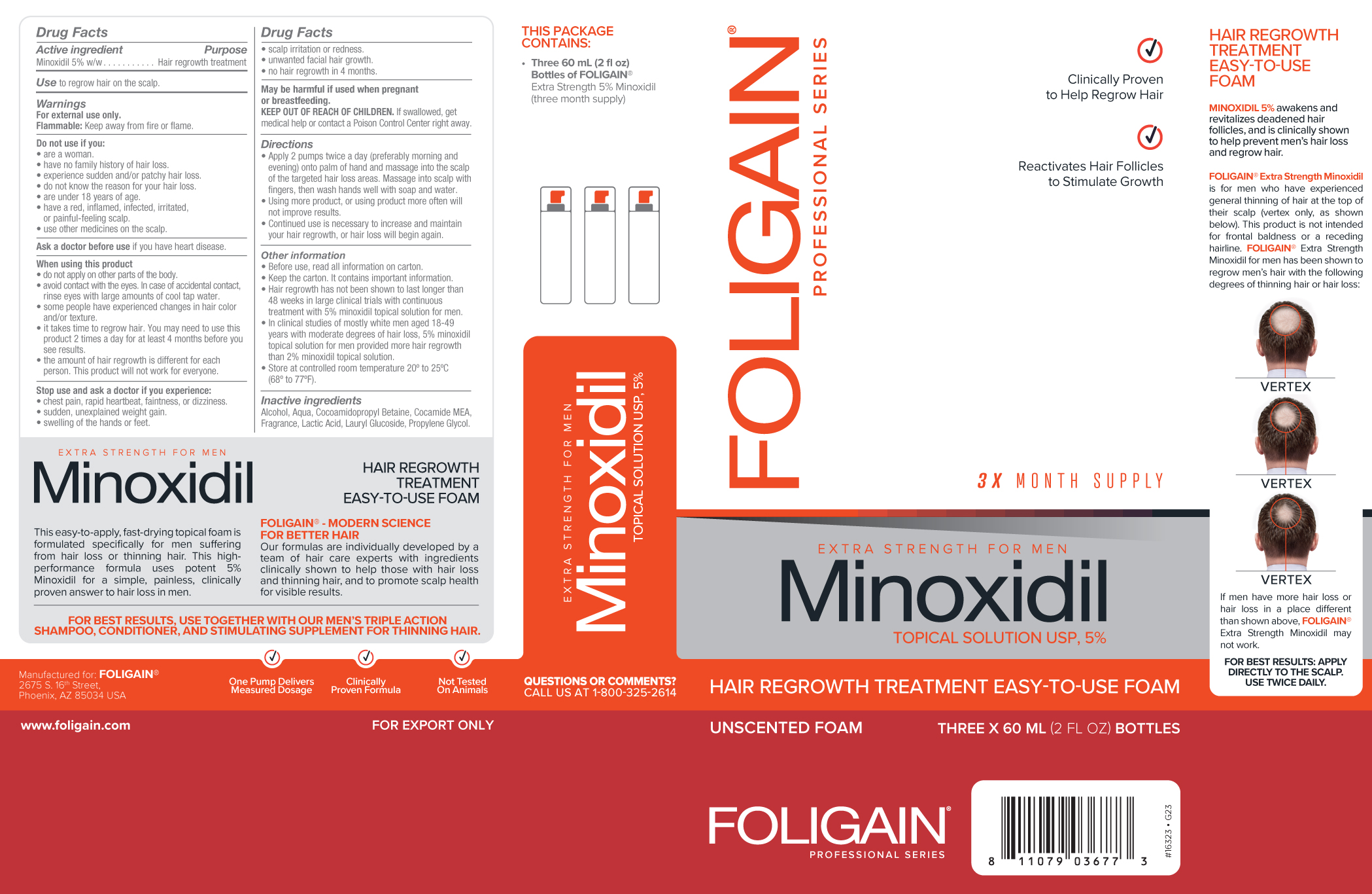 FOLIGAIN MINOXIDIL 5% ESPUMA PARA EL CRECIMIENTO DEL CABELLO Para Hombres 3 frascos para 3 meses.