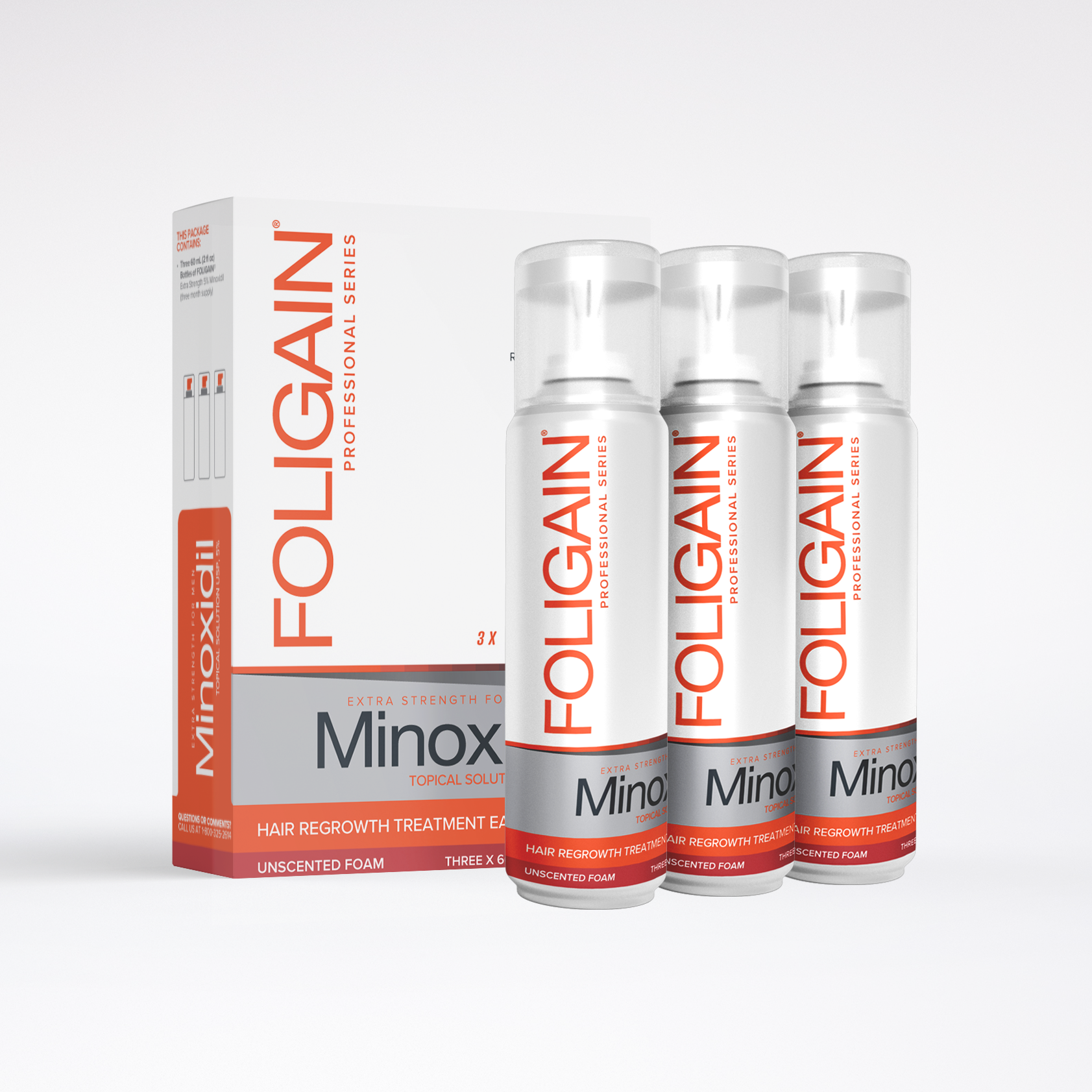 FOLIGAIN MINOXIDIL 5% ESPUMA PARA EL CRECIMIENTO DEL CABELLO Para Hombres 3 frascos para 3 meses.