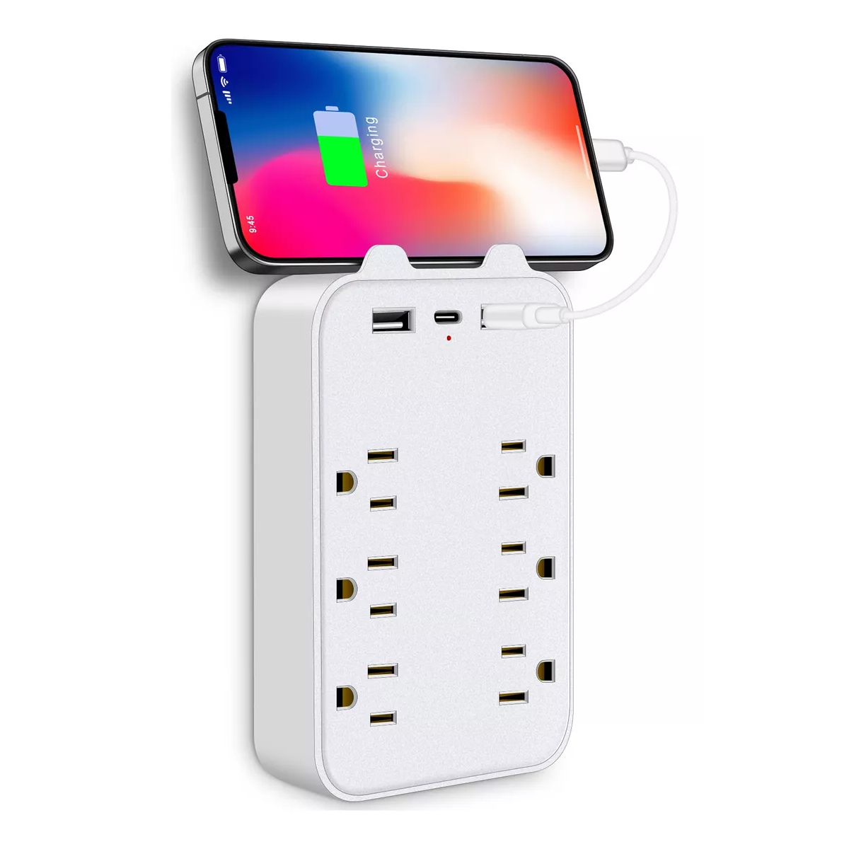 Adaptador De Pared Multicontactos, 6 Toma, 2 Usb, 1 Tipo C Blanco.