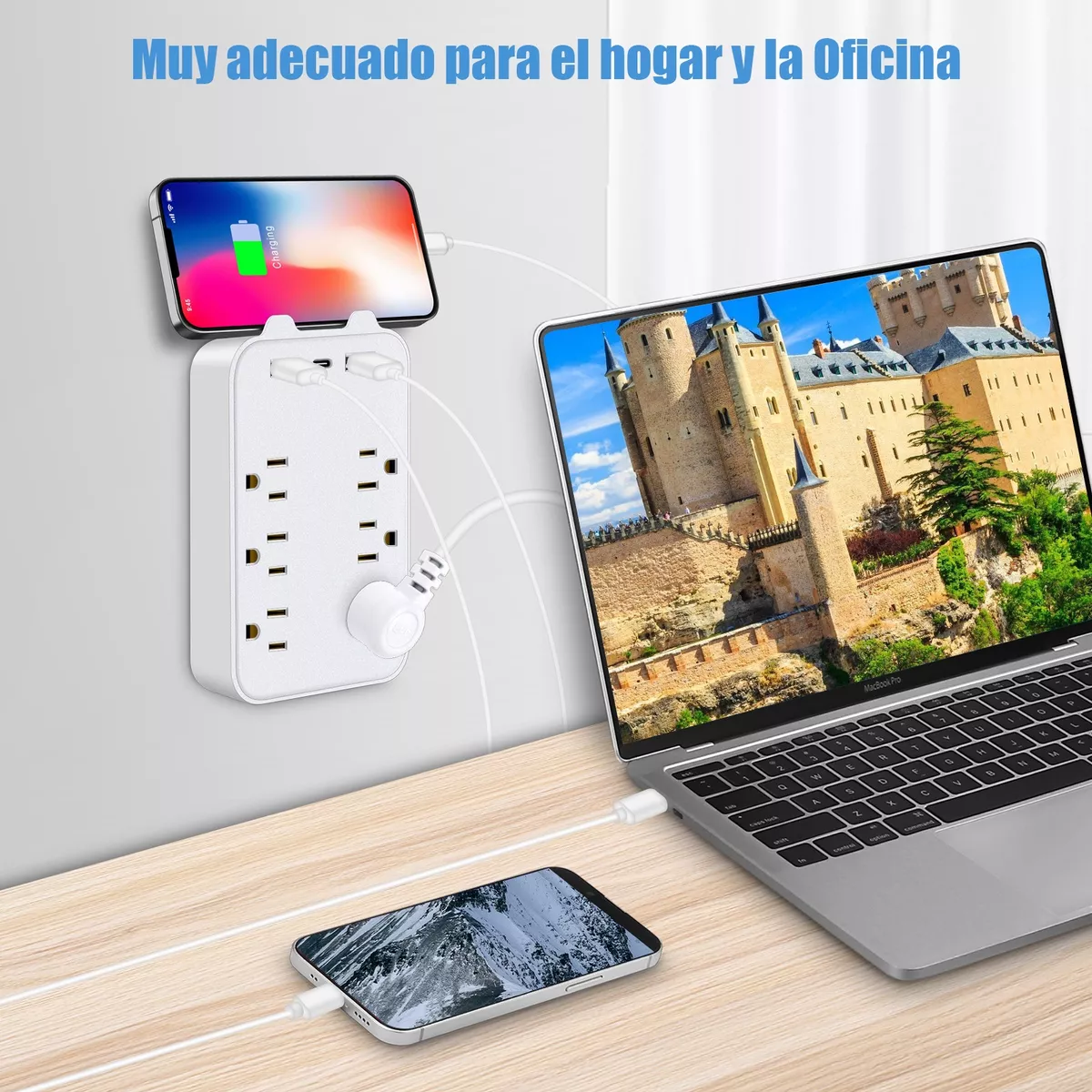 Adaptador De Pared Multicontactos, 6 Toma, 2 Usb, 1 Tipo C Blanco.