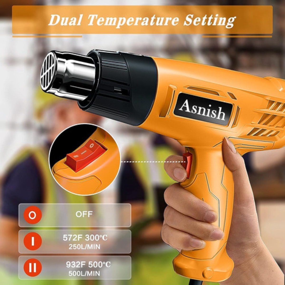 Pistola De Calor De 2000w Temperatura Regulable 4 Boquillas amarillo