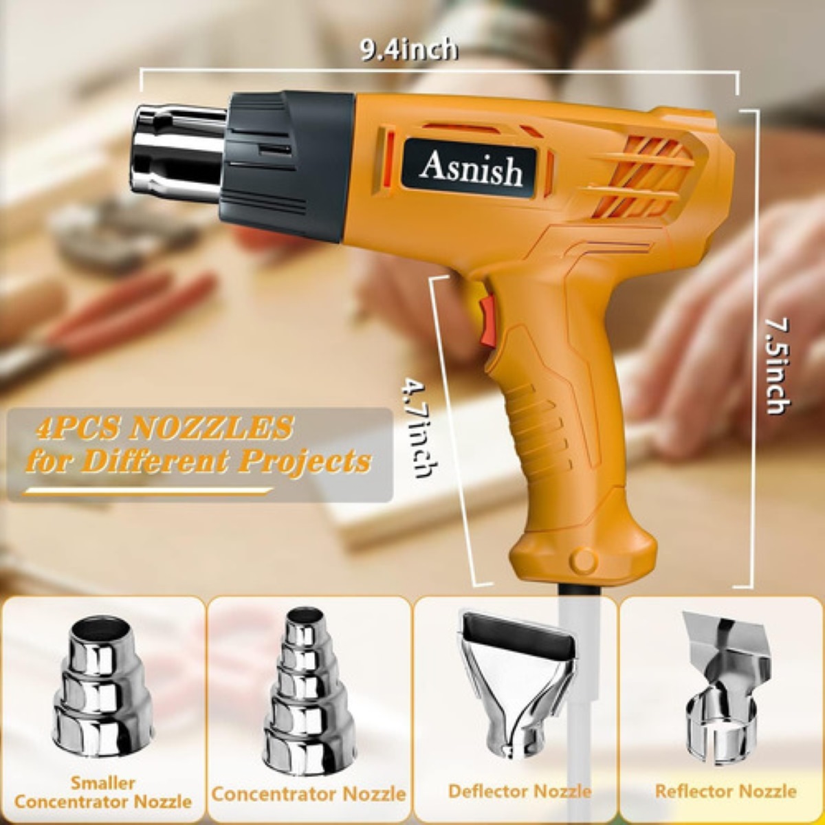 Pistola De Calor De 2000w Temperatura Regulable 4 Boquillas amarillo