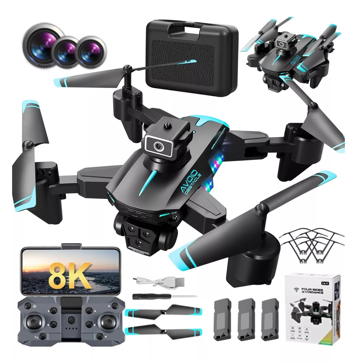 Mini Drone Con 3 Cámara Profesional Control 8k Hd 3 Baterías.