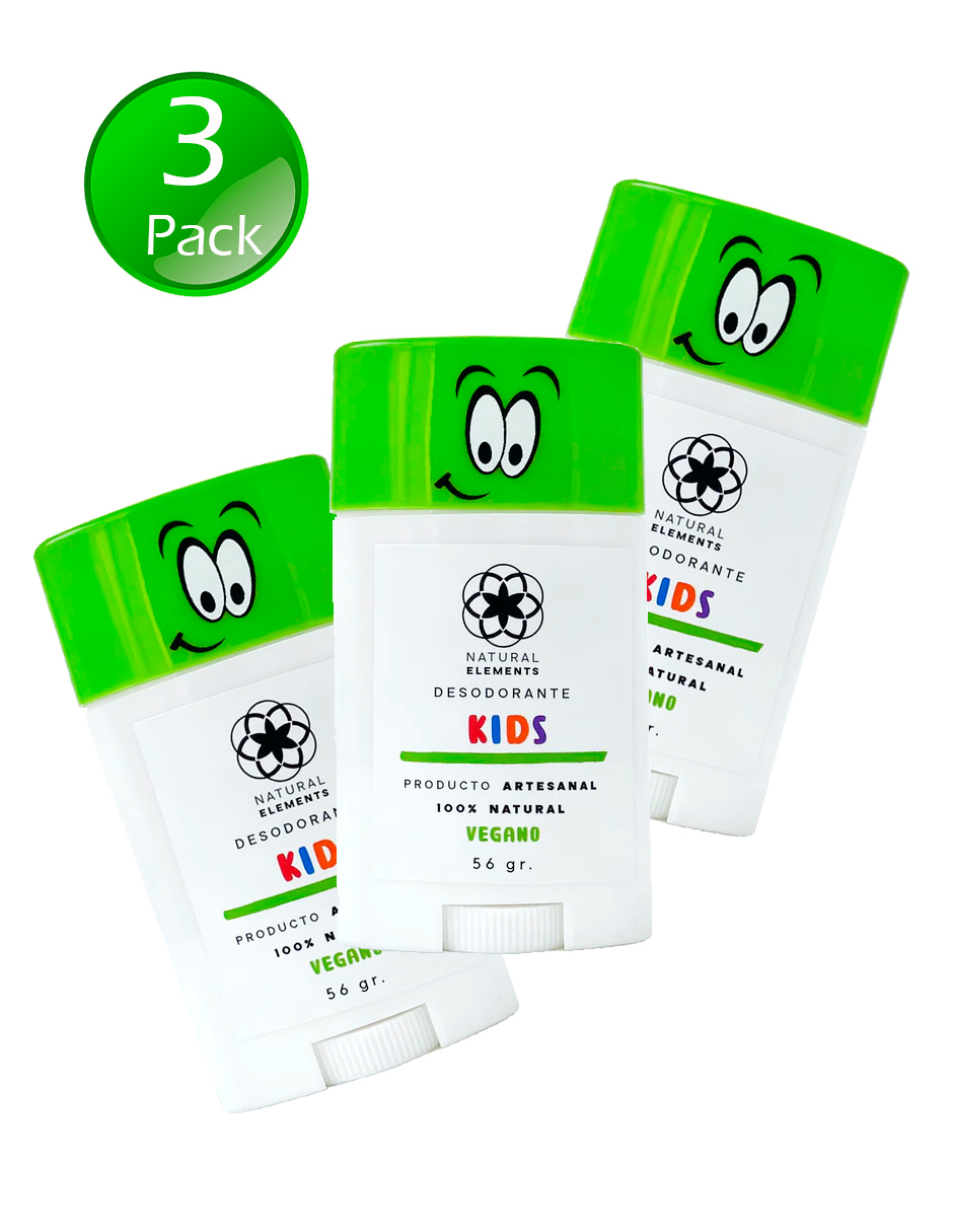 Desodorante para Niños Kids 100 Natural Elements en Barra 56 Gr.  3 Pack.