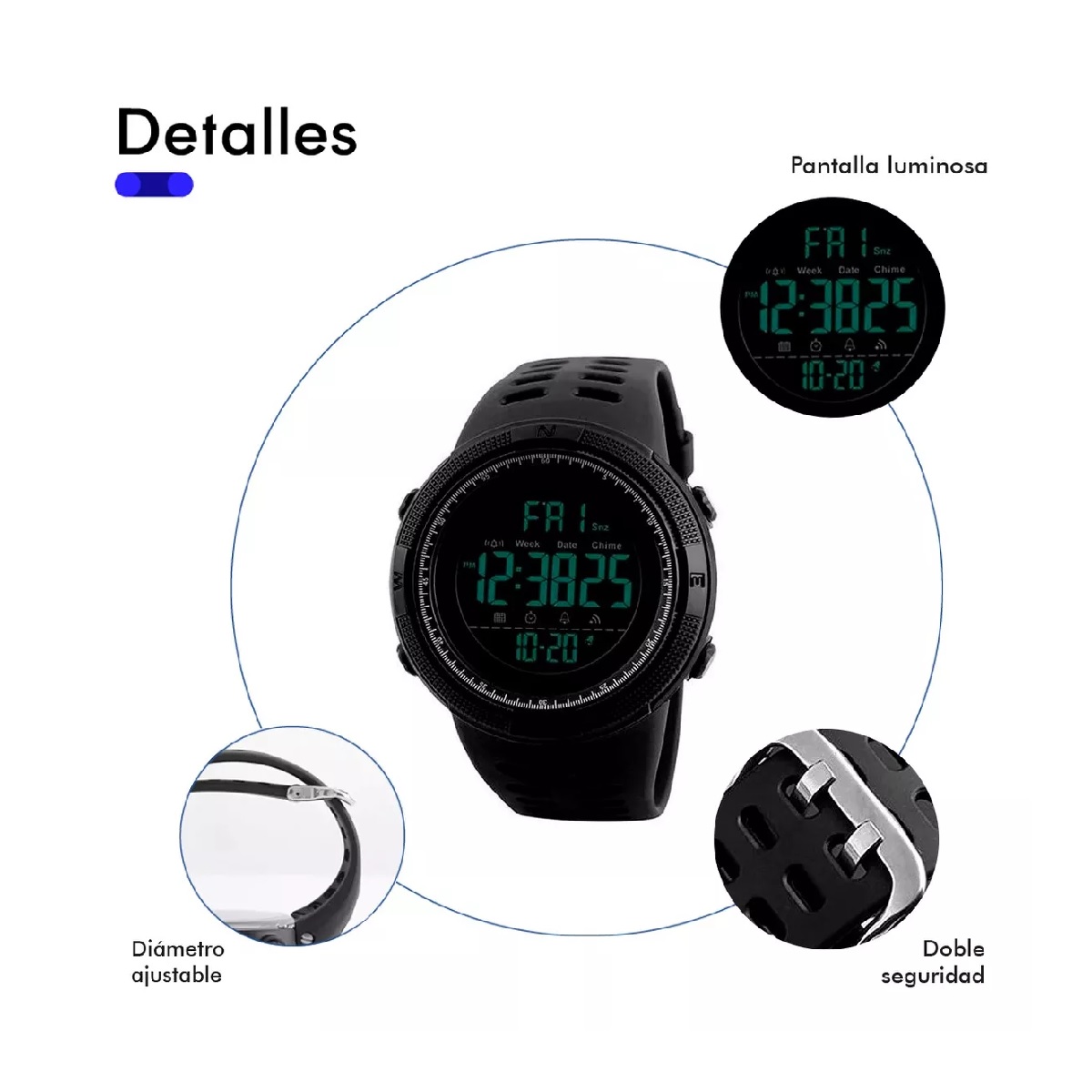 Reloj Hombre Deportivo Digital Resistente Al Agua Negro con Azul.
