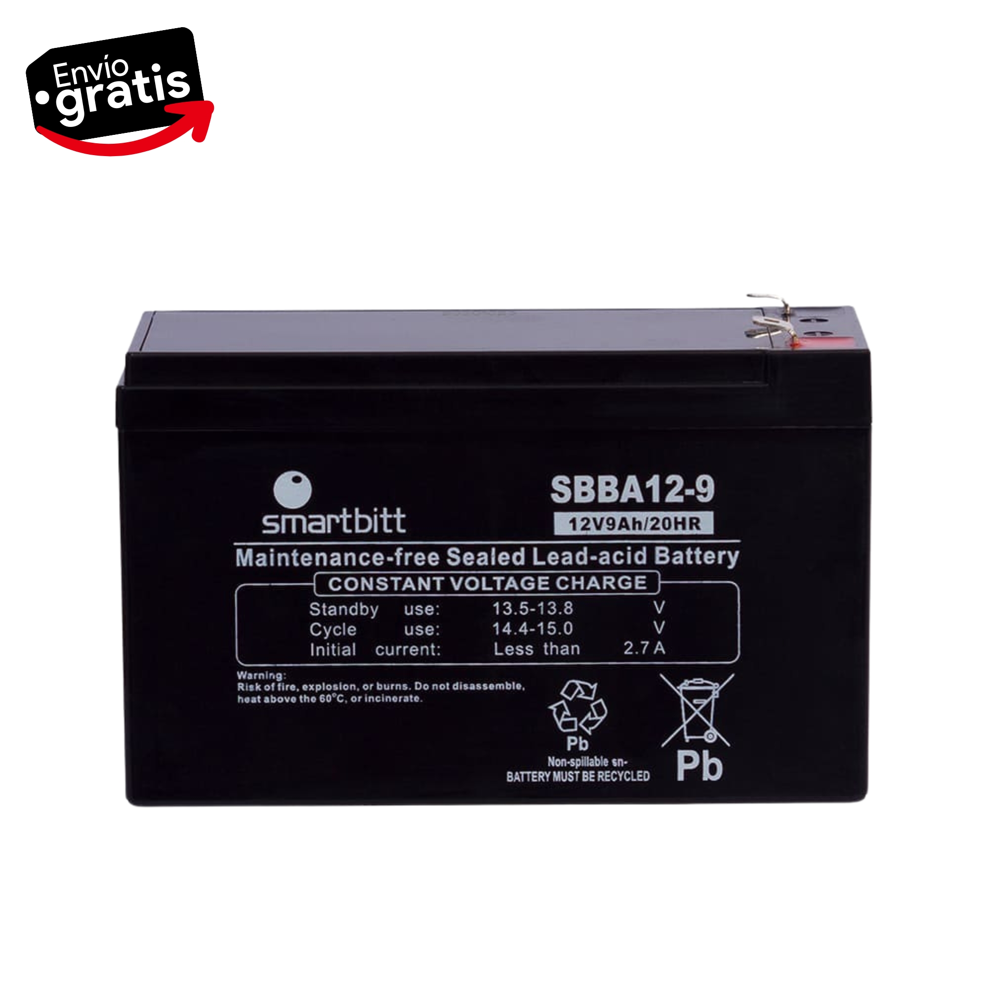 Batería Smartbitt de 12V-9AH, de reemplazo para UPS, CCTV, Alarmas & Control de Acceso
