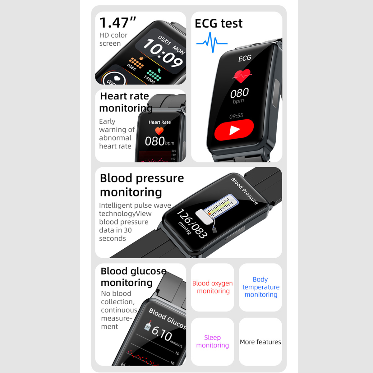 Reloj Inteligente Smartwatch Reloj Ep01 Fralugio Mide Glucosa Ecg Hr Bp Bpo2