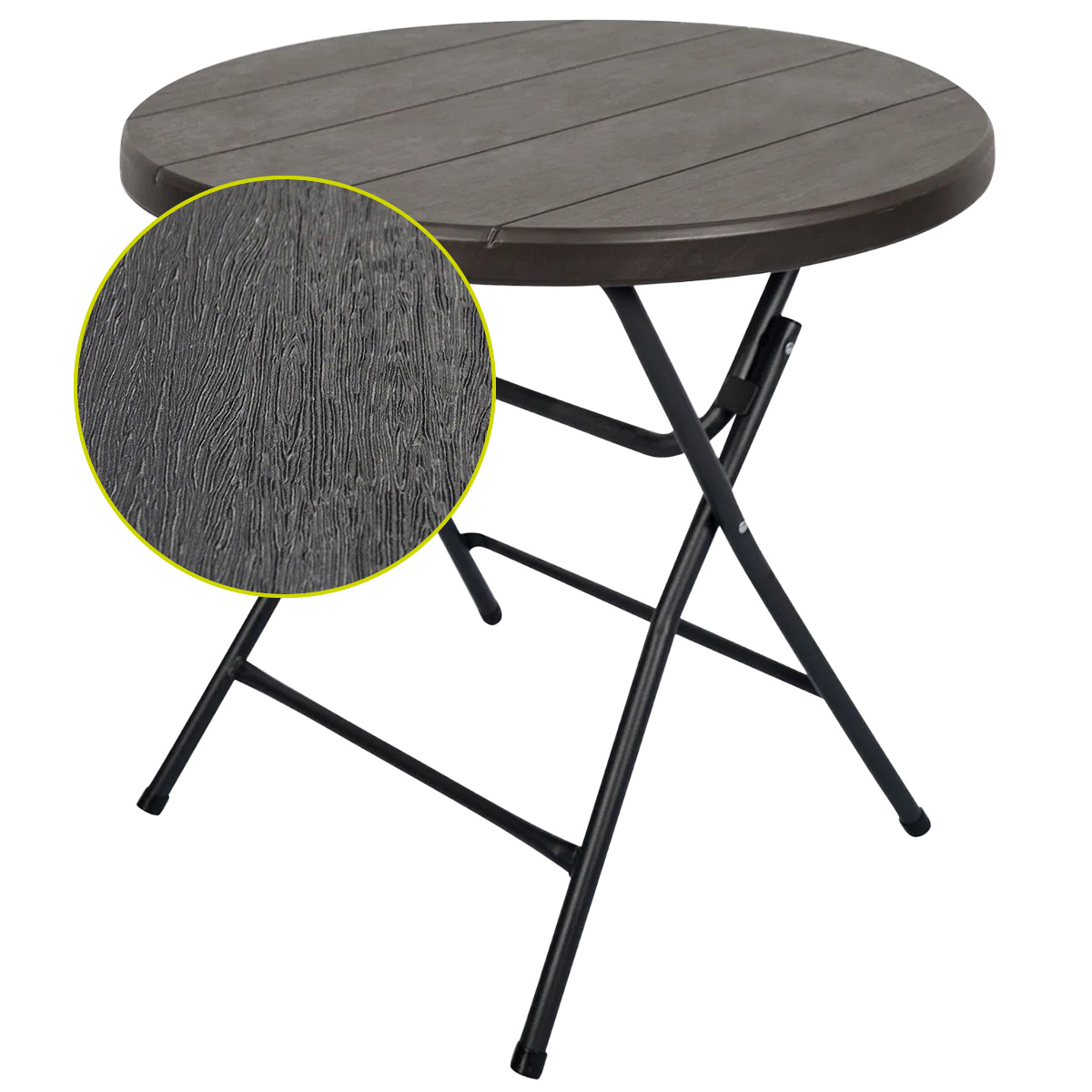 Mesa circular plegable acabado tipo madera plástico HDPE ligera Folding table mesa compacta para terraza jardín balcón apoyo eventos de 80cm.