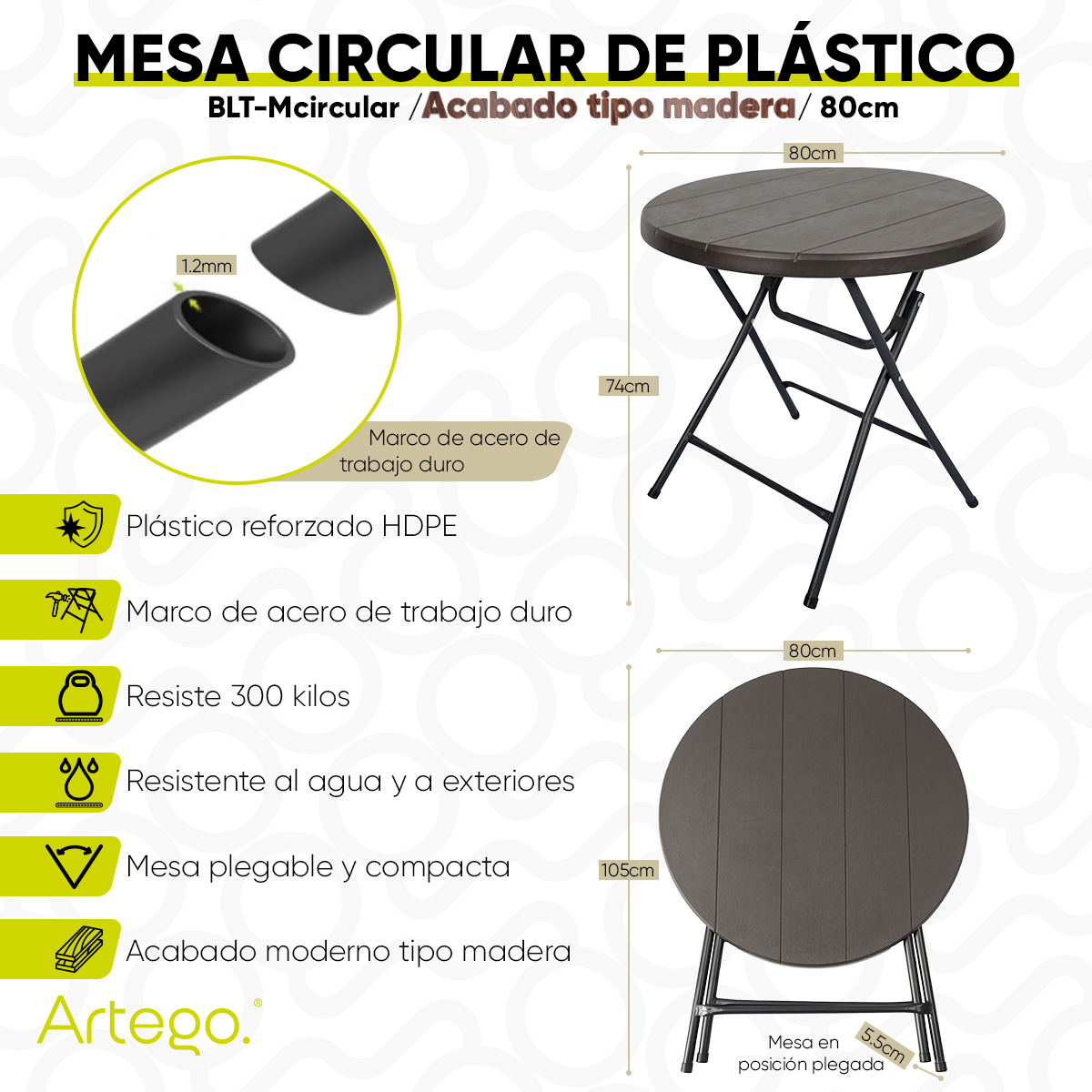 Mesa circular plegable acabado tipo madera plástico HDPE ligera Folding table mesa compacta para terraza jardín balcón apoyo eventos de 80cm.