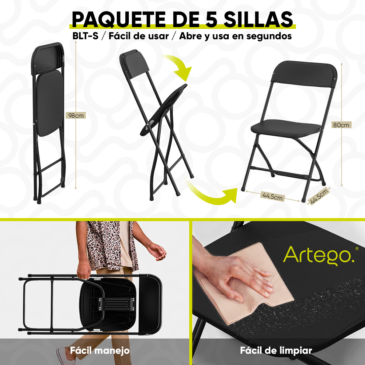 Silla plegable plástico HDPE ligera Folding chair silla jardín eventos fiestas reuniones para exterior paquete de 5 sillas.
